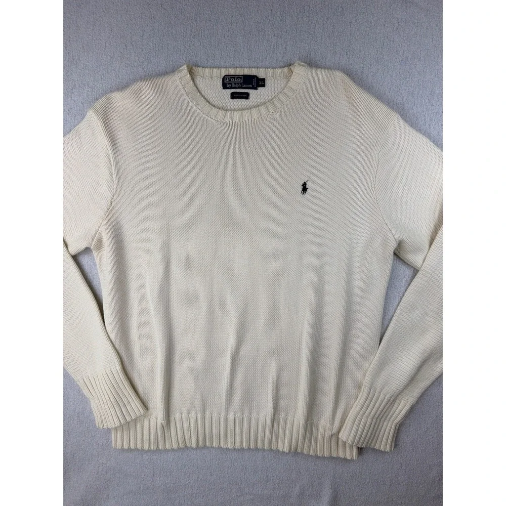 90's Vtg Polo Ralph Lauren Sweater Mens XL Cream 100% Cotton Crewneck navy pony